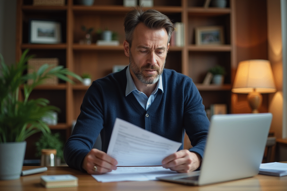 Homme d'âge moyen examinant des documents d'impôts dans un bureau chaleureux
