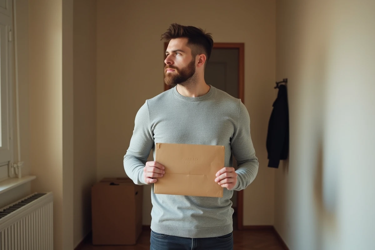 Homme tenant une lettre de préavis scellée dans le couloir de son appartement avec des cartons de déménagement en arrière-plan