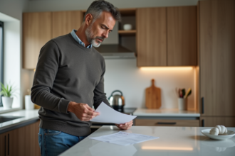Homme d'âge moyen dans une cuisine moderne examine des papiers