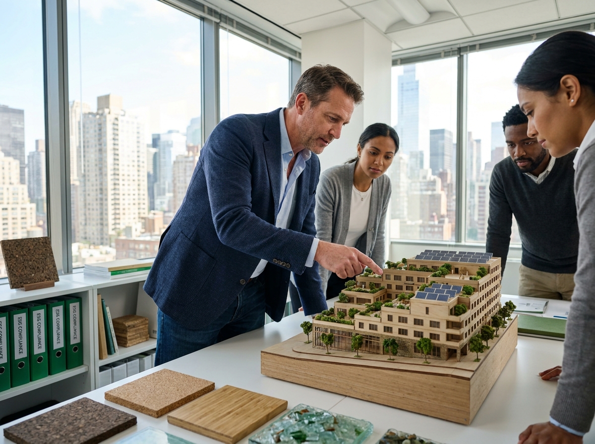 Homme présentant un modele de bâtiment eco-responsable en equipe