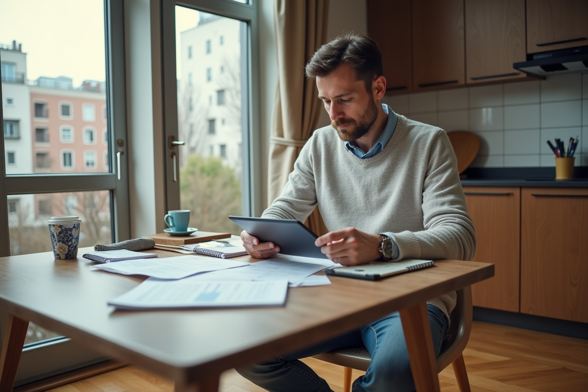 Homme en décontracté triant des papiers sur une table de salle à manger