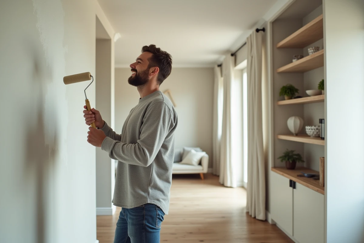 Homme professionnel inspectant un mur repeint dans le salon