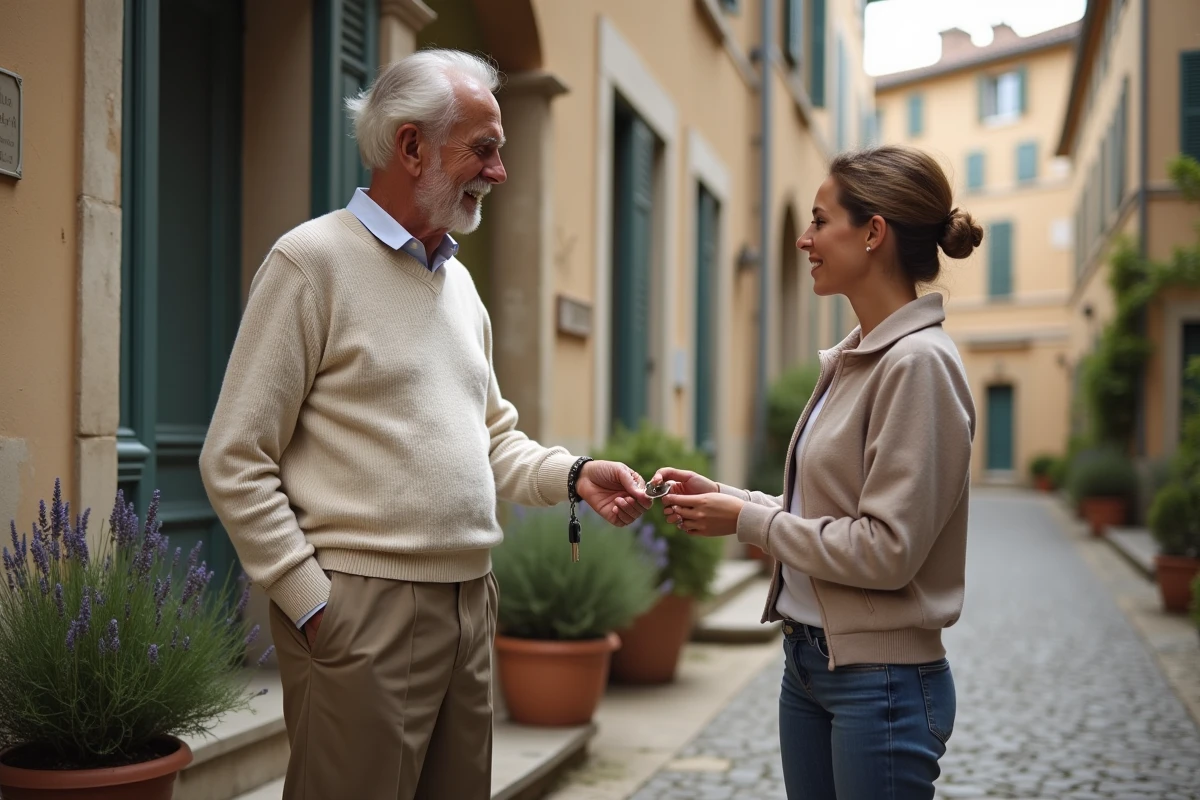 Homme âgé remet des clés devant maison provençale