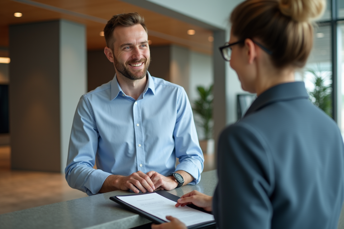 Homme remettant un dossier à la reception en bureau