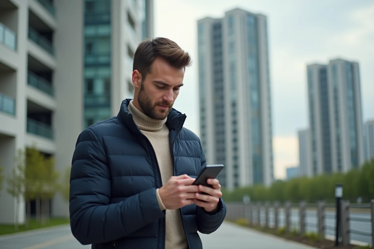 Jeune homme utilisant son smartphone dans un environnement urbain