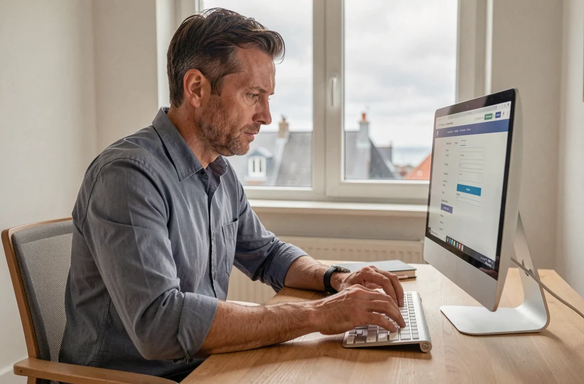 Homme souscrivant une assurance habitation en ligne depuis son bureau à Brest