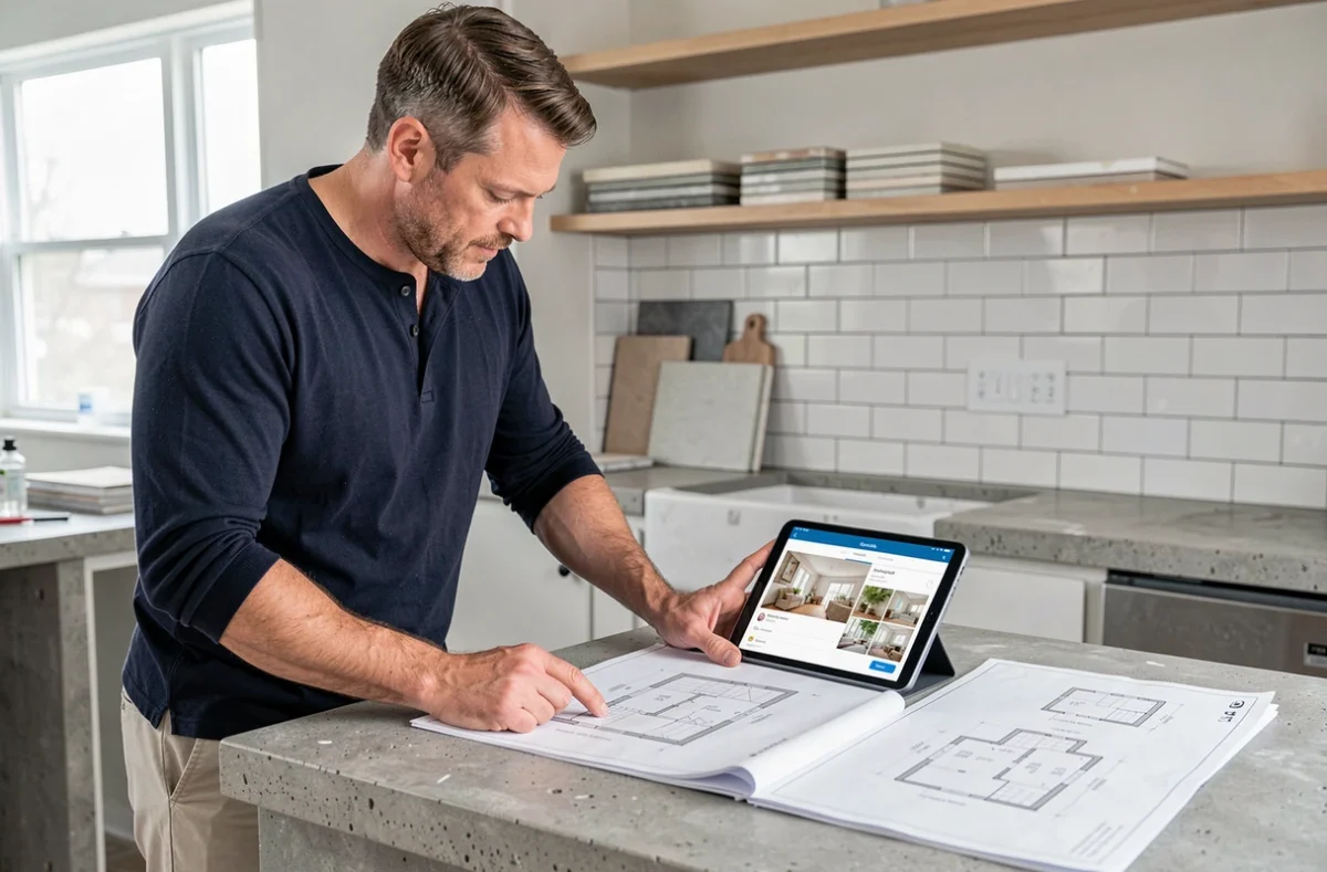 Homme debout à un îlot de cuisine consultant une application de décoration intérieure sur tablette avec des plans d'architecte imprimés dans une cuisine en rénovation