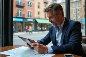 Homme d'affaires en costume bleu examine un tableau immobilier
