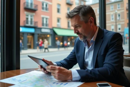 Homme d'affaires en costume bleu examine un tableau immobilier