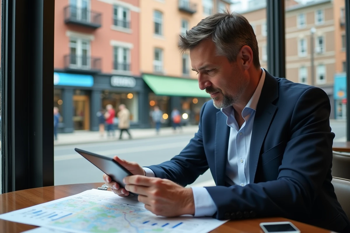 Homme d'affaires en costume bleu examine un tableau immobilier