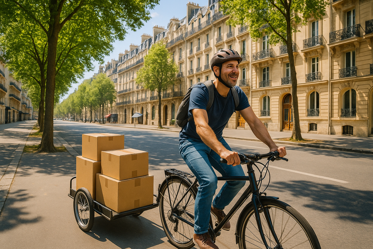 Homme à vélo dans un quartier parisien avec des bâtiments haussmanniens
