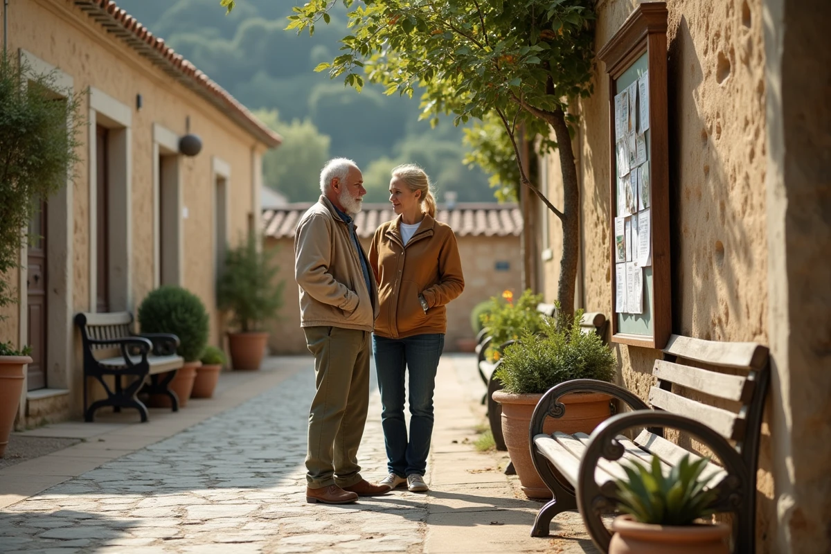 Homme discutant avec une femme devant une affiche de location dans un village