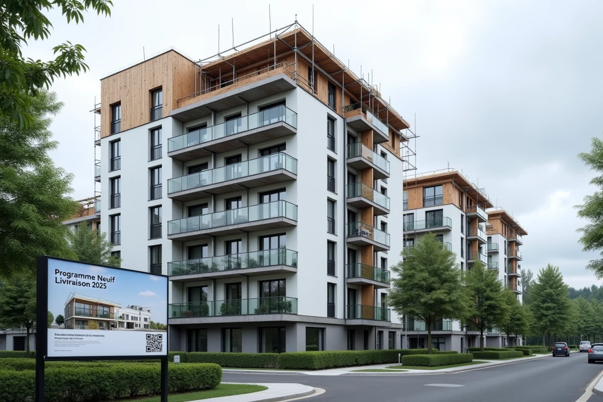 Immeuble résidentiel neuf en construction avec panneau de programme immobilier VEFA en France
