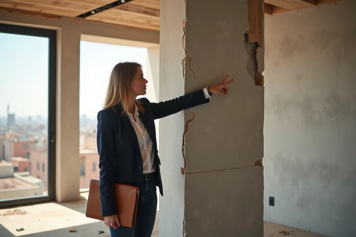 Femme étrangère inspectant un appartement en rénovation à Guéliz avec des défauts structurels visibles