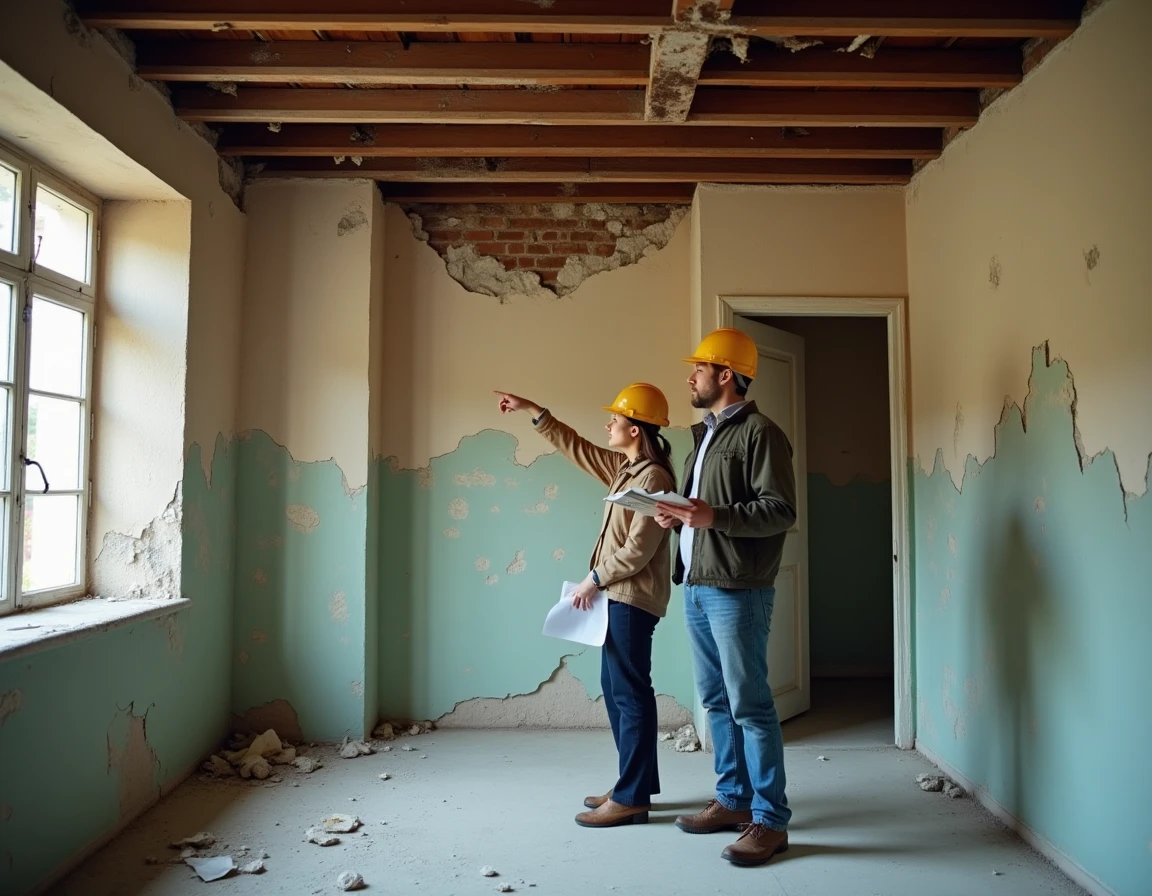 Couple inspectant l'intérieur délabré d'une maison abandonnée avant achat