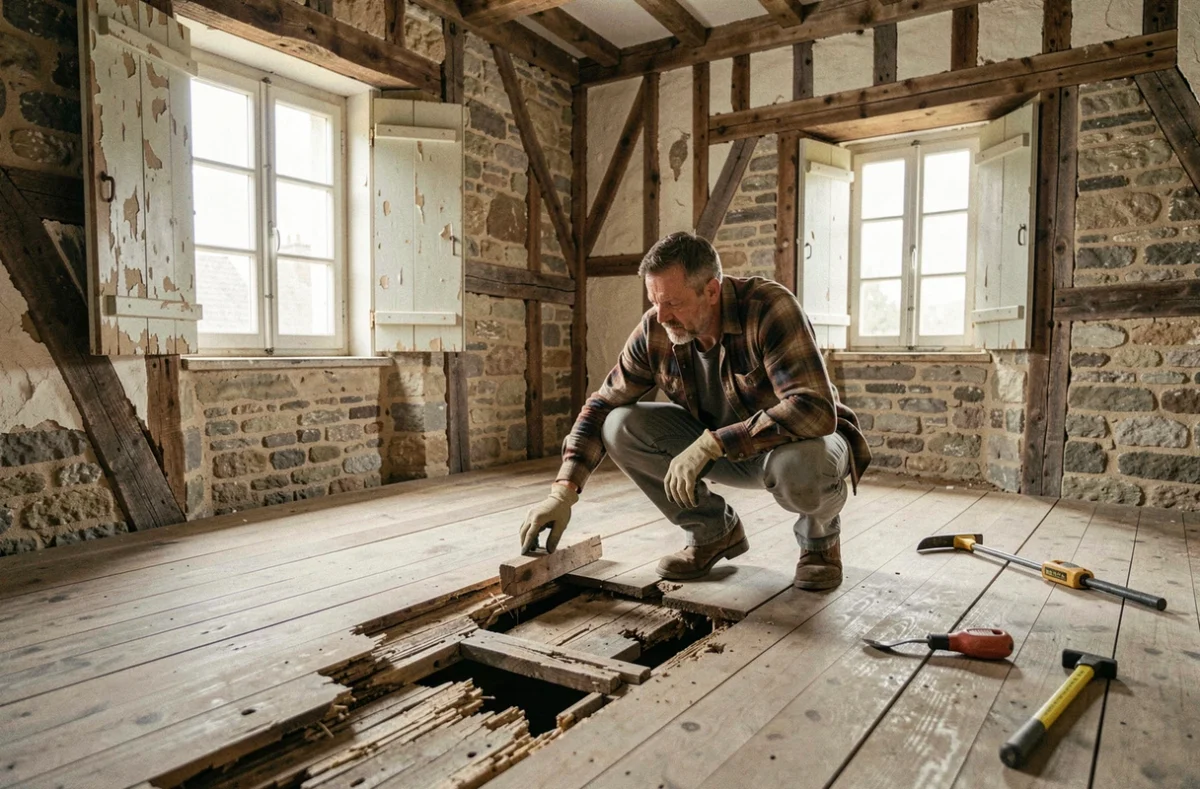 Homme inspectant un plancher en bois pourri dans une vieille ferme française en rénovation achetée à bas prix