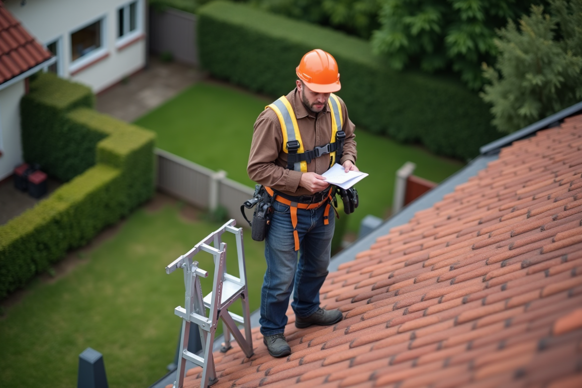 Homme inspectant un toit en tuiles avec un harnais de sécurité
