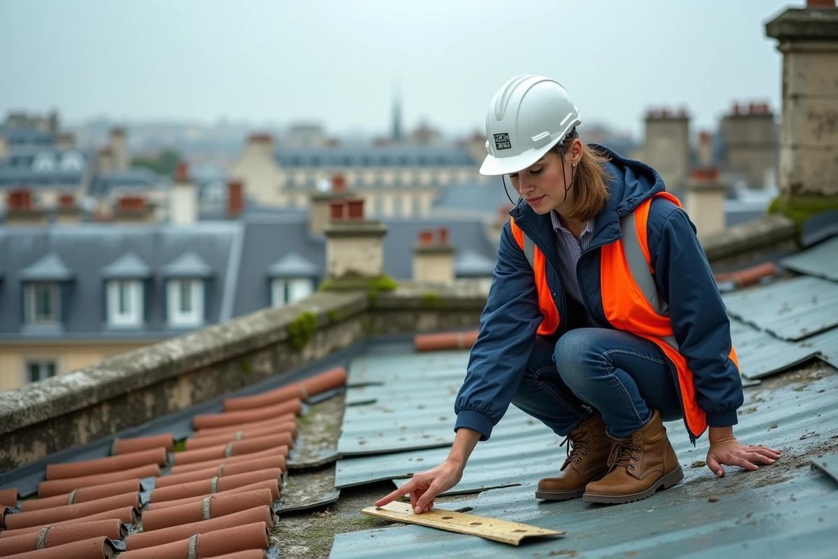 Inspectrice professionnelle évaluant des dommages sur une toiture parisienne en zinc et tuiles, représentant les travaux de grosse réparation relevant de l'article 606
