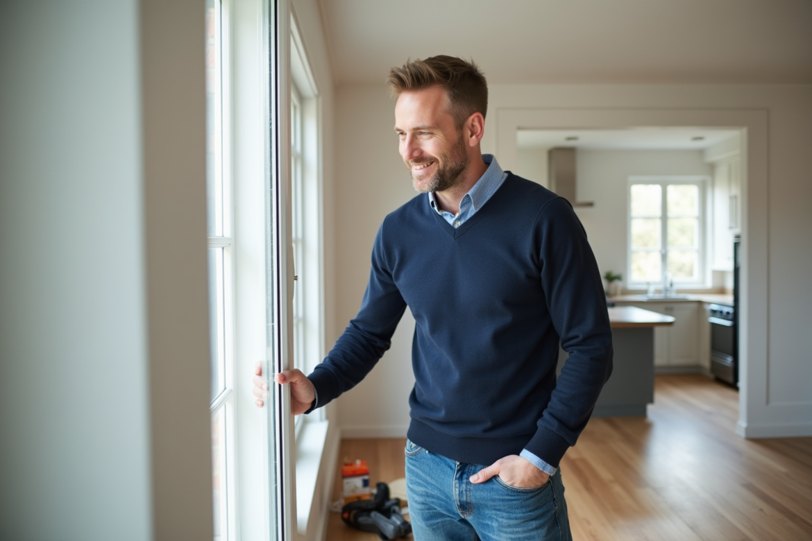 Homme moyenâge en jeans installe une fenêtre économe en énergie