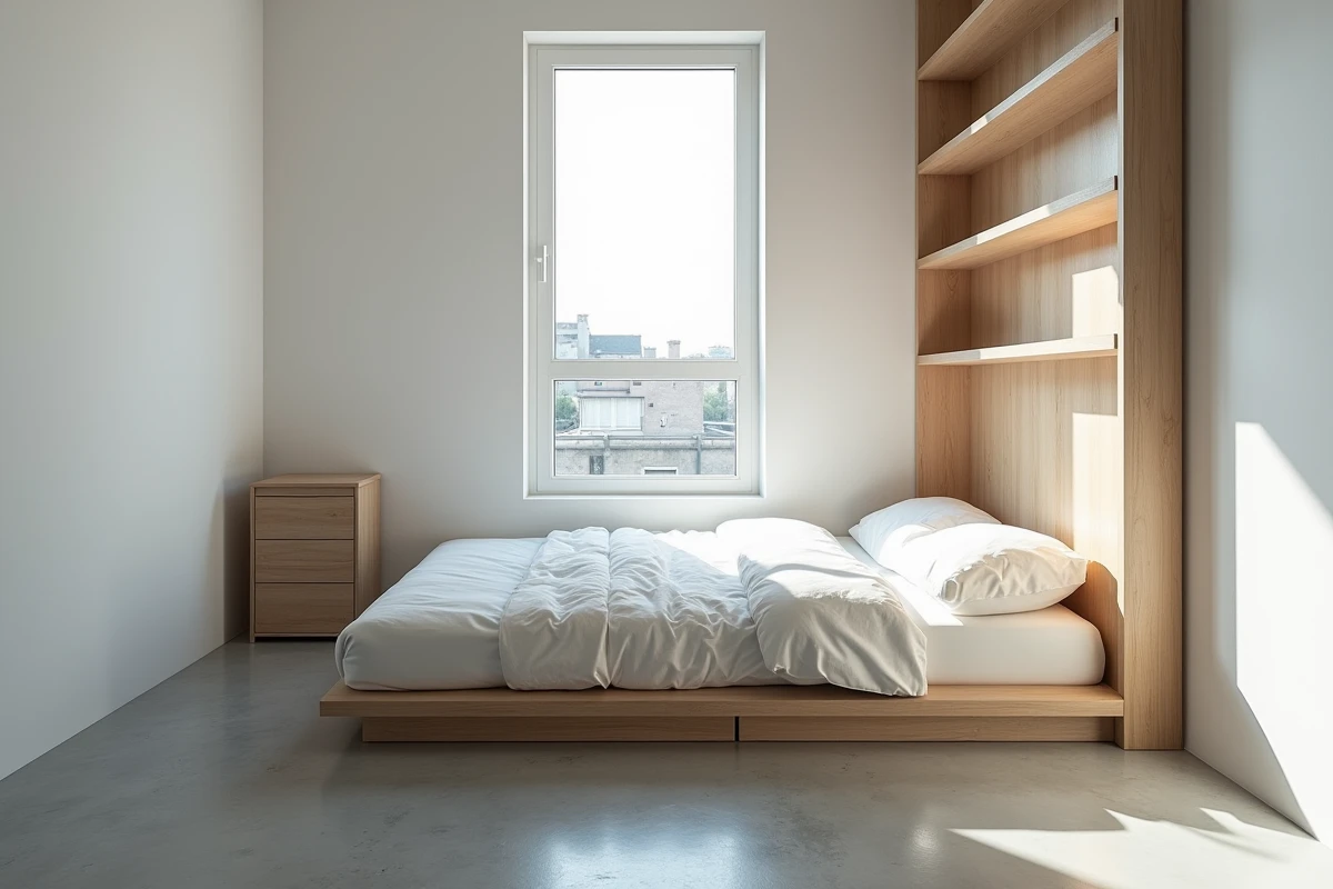 Intérieur d'appartement T1bis vide montrant la séparation entre espace nuit et pièce principale