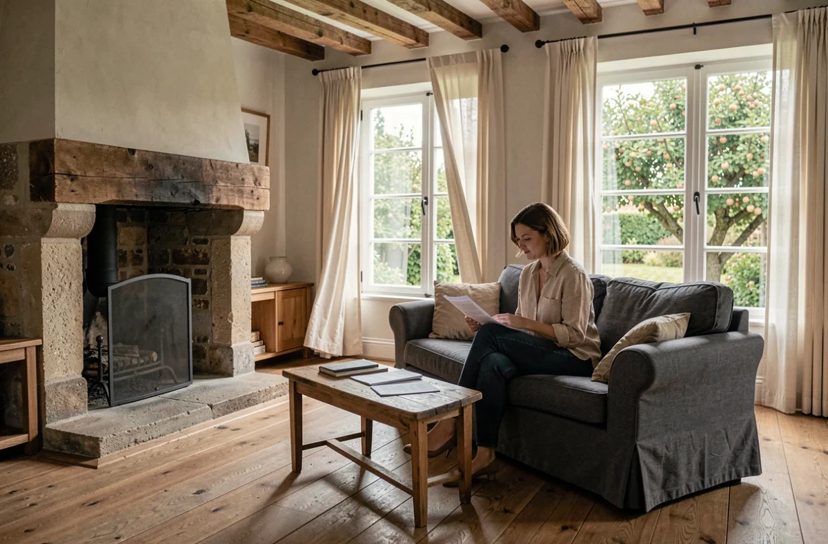 Intérieur chaleureux d'une maison à louer en Seine-Maritime avec poutres apparentes et cheminée en pierre