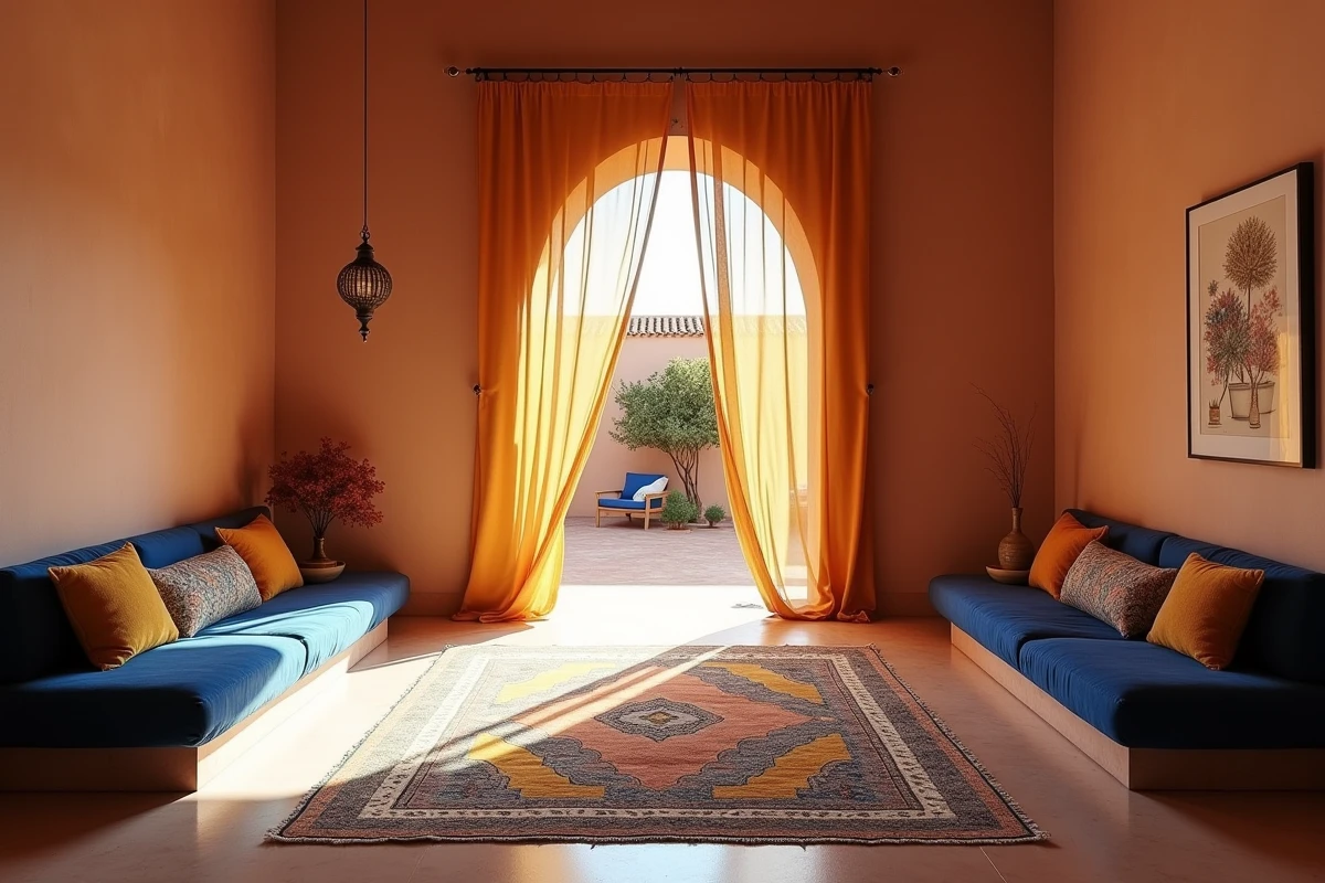 Salon intérieur d'une maison marocaine rénovée avec banquettes colorées, tapis berbère et sol en tadelakt à Marrakech