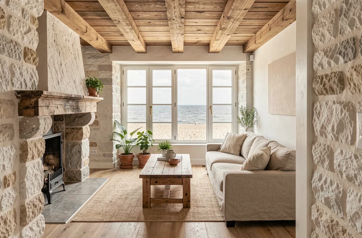 Intérieur rénové d'une maison normande en bord de mer avec vue sur la plage, prête à habiter sans travaux