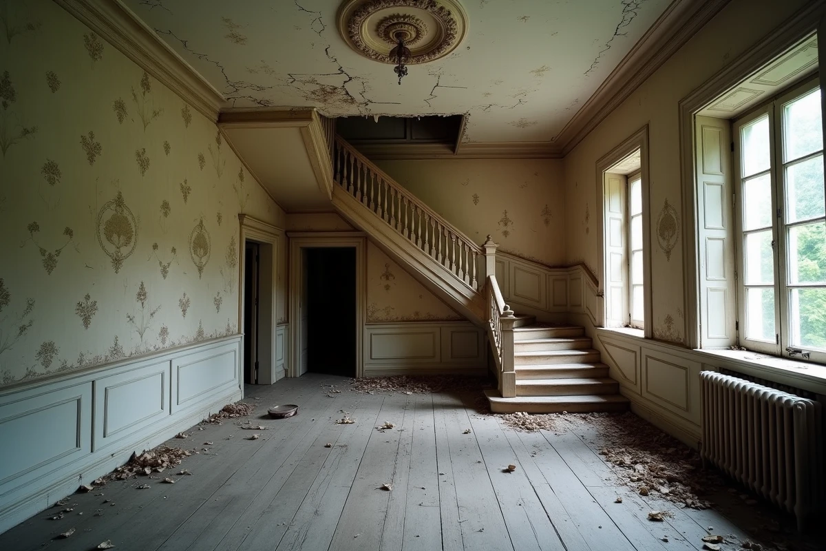 Couloir intérieur d'un manoir abandonné avec escalier en bois vermoulu, papier peint décollé et sol en parquet abîmé