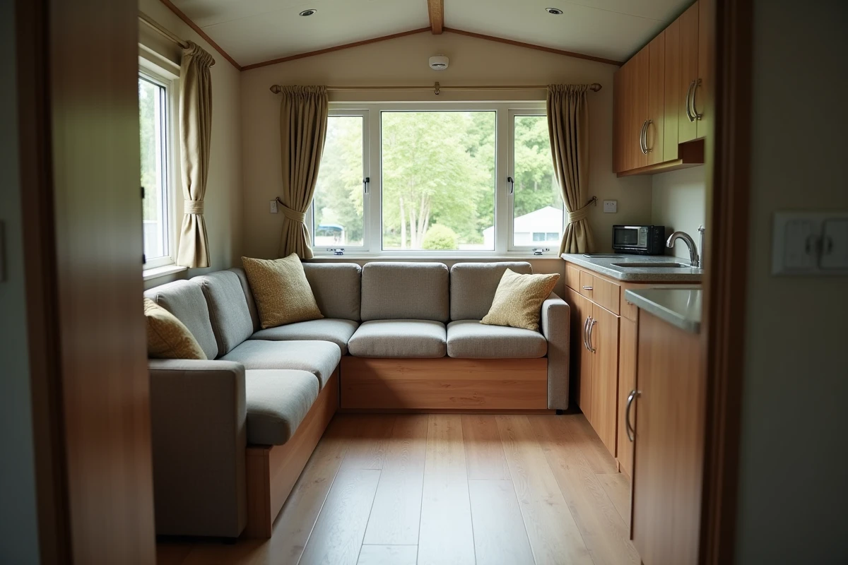 Intérieur d'un mobil-home d'occasion en bon état à vendre dans un camping ouvert à l'année