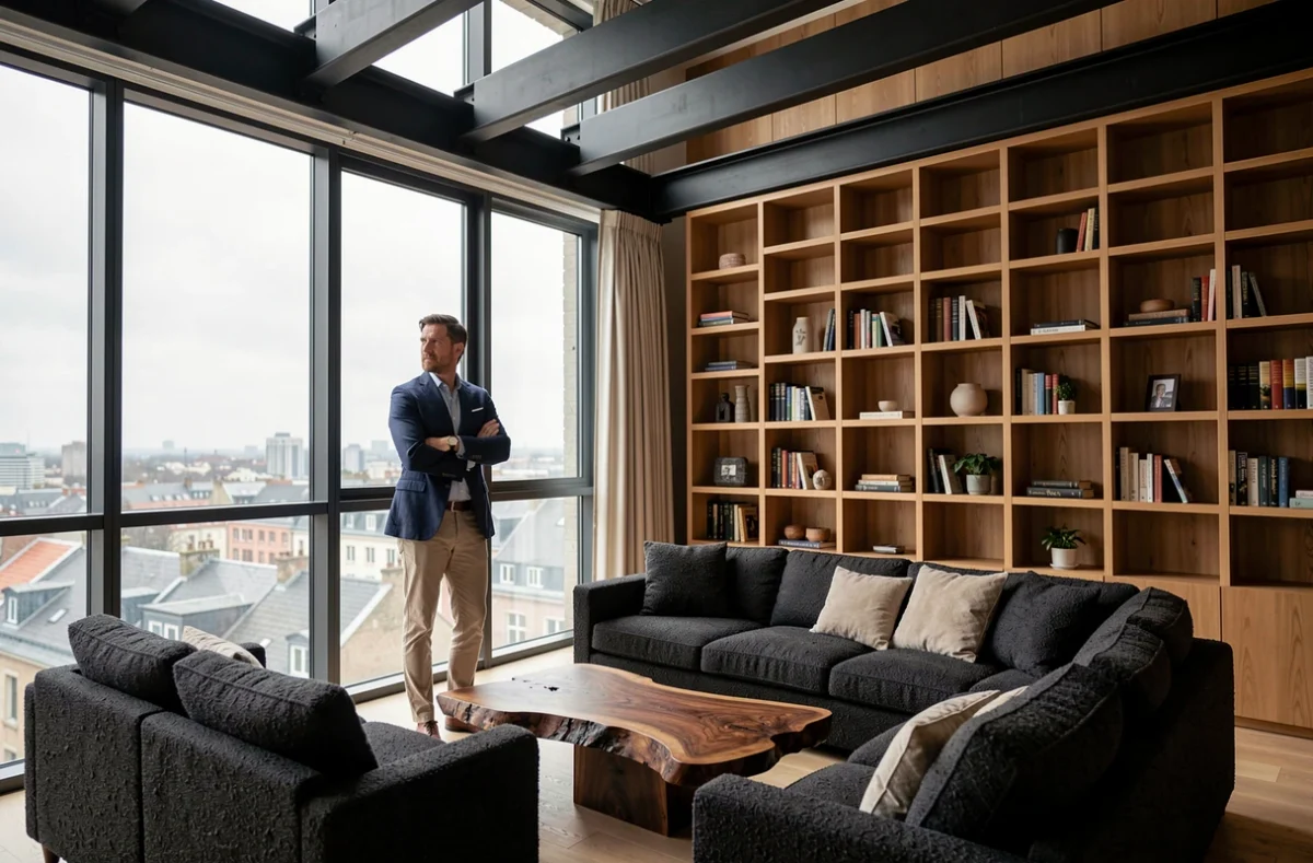 Intérieur spacieux d'un penthouse avec double hauteur sous plafond et grandes baies vitrées donnant sur les toits de la ville