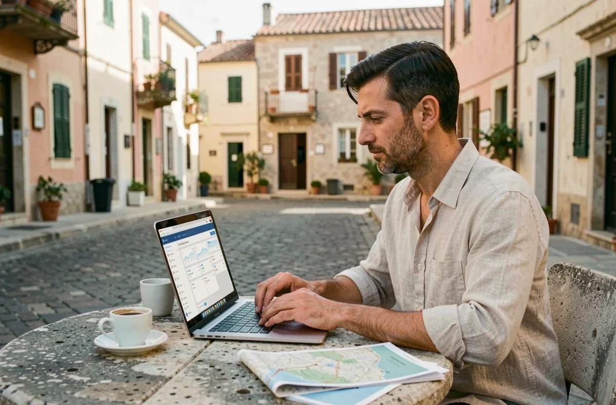 Professionnel travaillant à distance sur l'intranet IAD depuis une terrasse de café en Europe du Sud