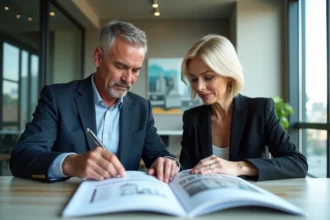 Couple en costume regardant des brochures immobilières modernes