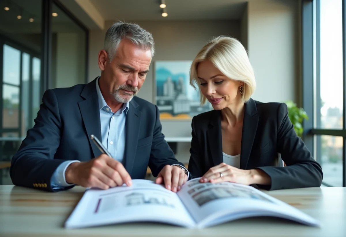 Couple en costume regardant des brochures immobilières modernes