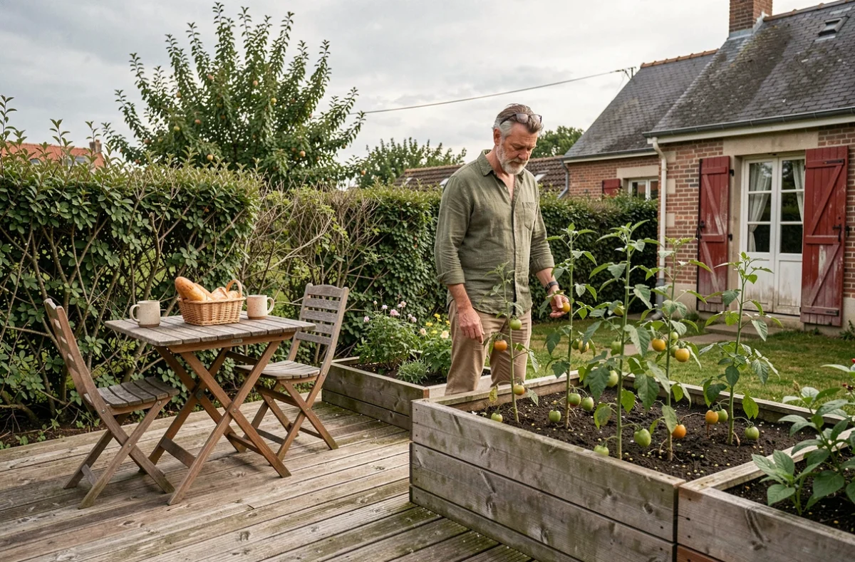 Jardin privatif d'une maison à louer en Seine-Maritime avec terrasse en bois et potager, avantage par rapport à un appartement