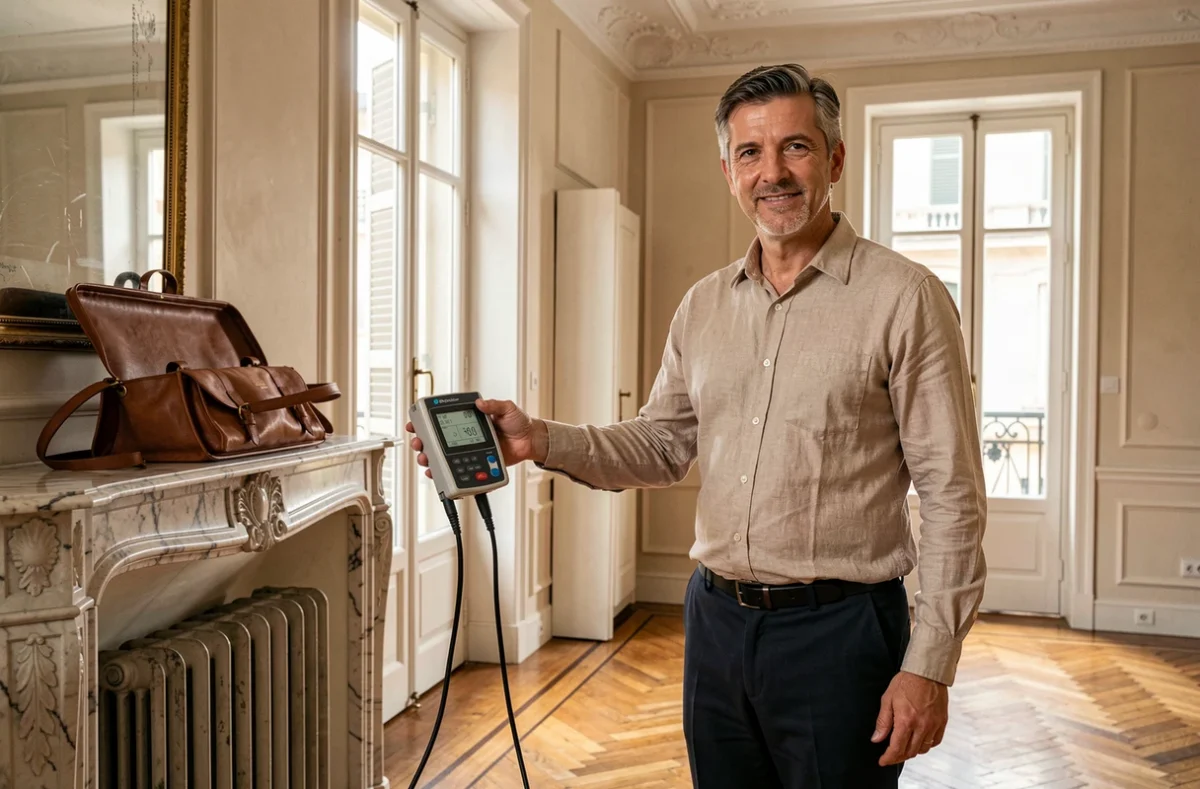 Jean-Philippe Bonnet, diagnostiqueur immobilier indépendant, effectuant un diagnostic gaz dans un appartement haussmannien à Marseille