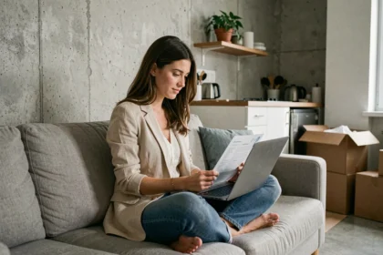 Jeune active en appartement comparant des offres d'assurance habitation sur son ordinateur portable