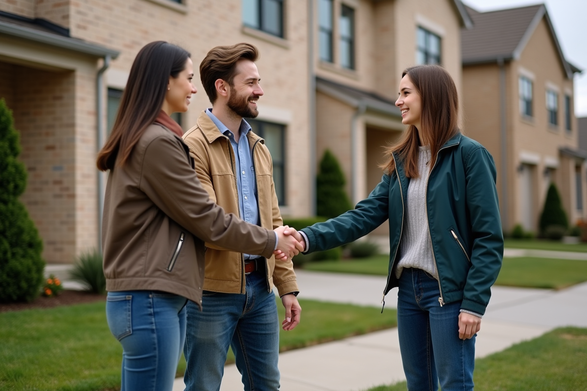 Jeune couple serrant la main d un agent immobilier devant une maison