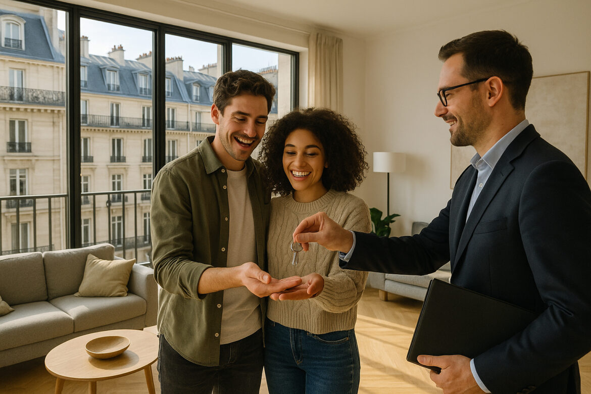 Jeune couple recevant les clés d'un appartement parisien lumineux