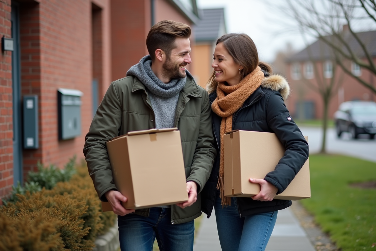 Jeune couple avec cartons devant un immeuble résidentiel