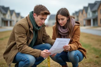 Jeune couple examine des documents immobiliers en extérieur
