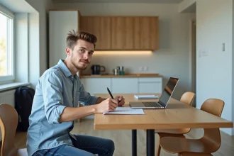 Jeune étudiant signant un contrat de location dans un appartement moderne
