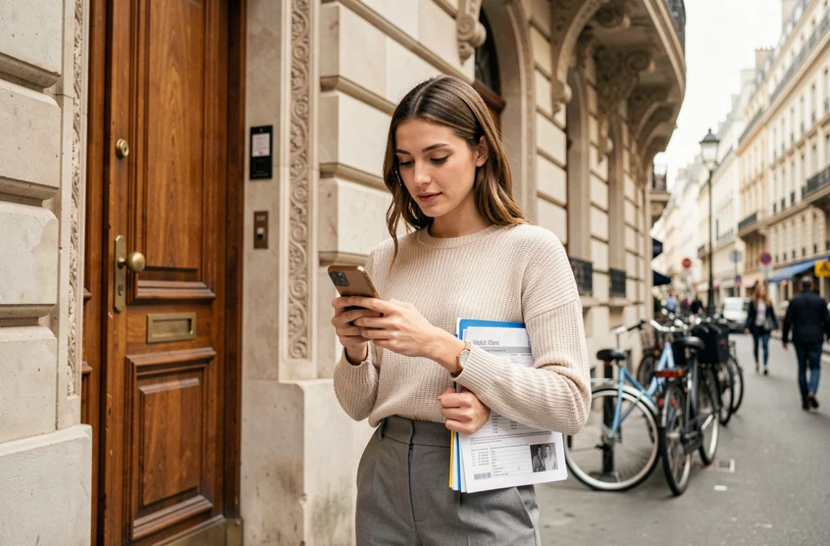 Jeune femme devant un immeuble haussmannien cherchant une assurance habitation sur son téléphone