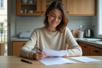 Jeune femme française lit un contrat de location dans sa cuisine
