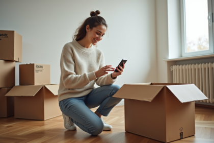 Jeune femme examine une liste de dépenses dans un appartement neuf
