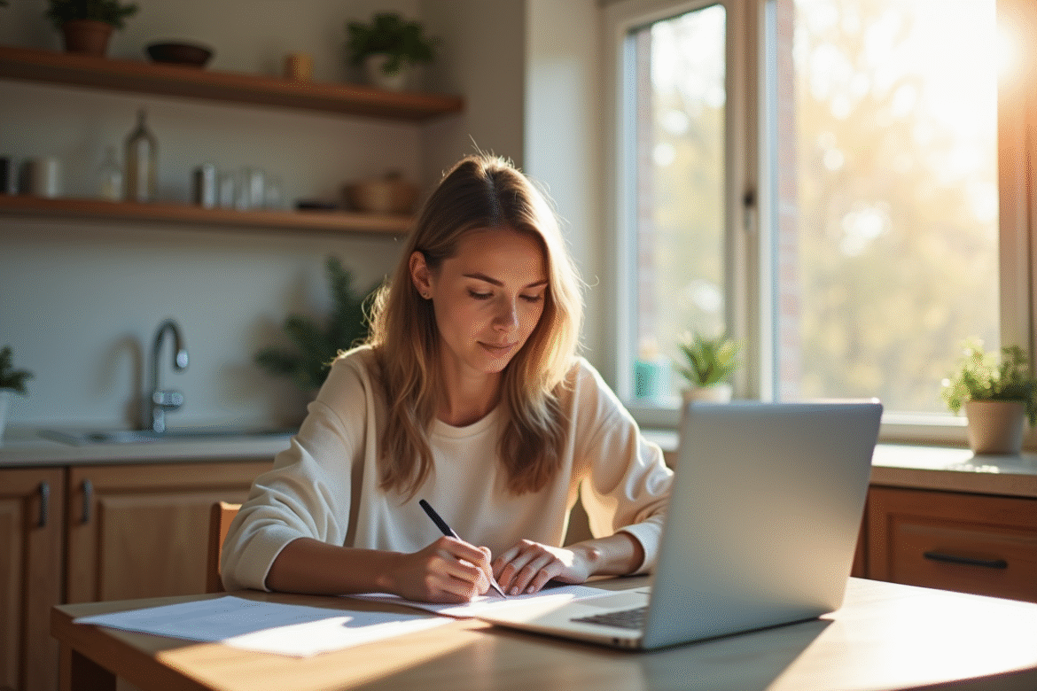 Jeune femme travaillant sur son ordinateur pour une demande de logement