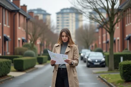 Jeune femme en trench examine une carte dans un quartier résidentiel