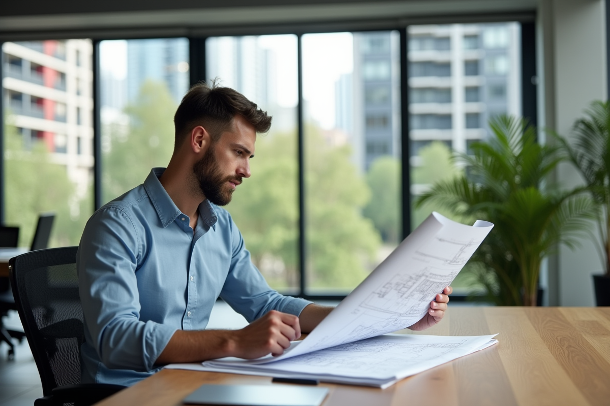 Jeune homme en costume étudiant des plans dans un bureau