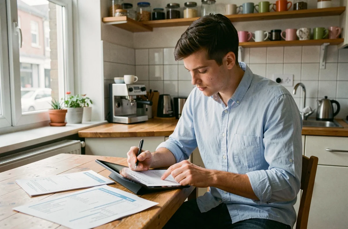 Jeune homme consultant les détails de son assurance habitation étudiant sur une tablette