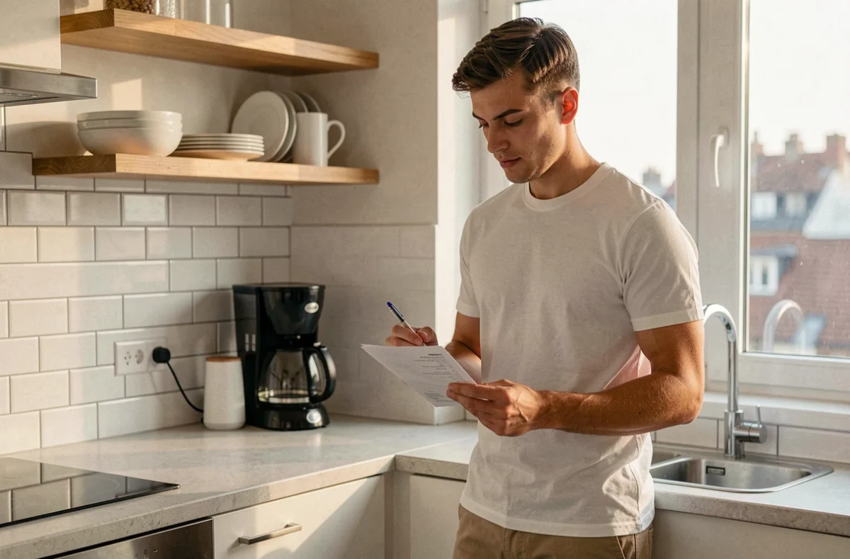 Jeune homme lisant un contrat d'assurance habitation dans sa cuisine de premier appartement