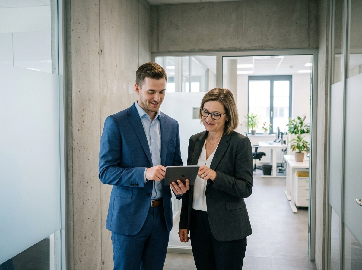 Jeune professionnel et notaire examinent un tableau numérique